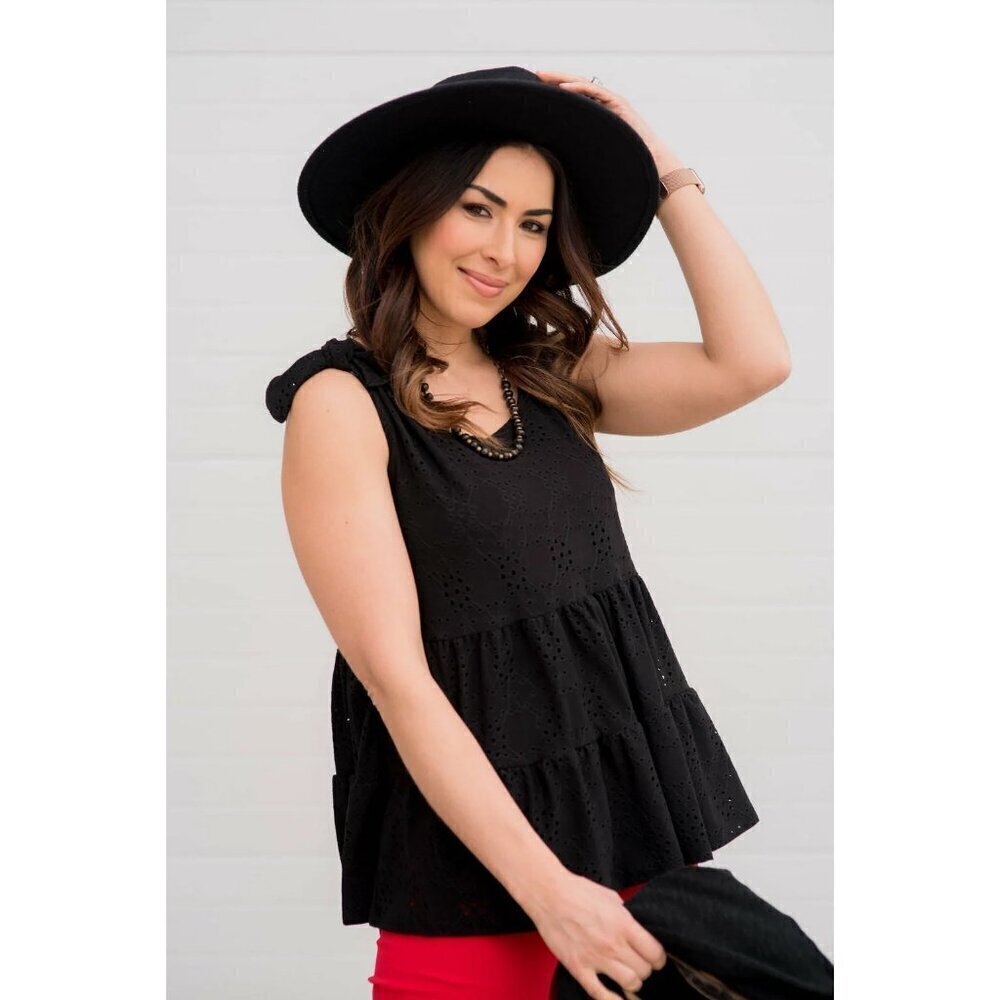 Maurices Black Eyelet Lace Sleeveless Tiered Babydoll Cotton Blouse